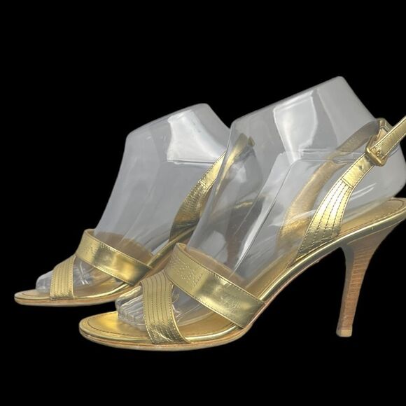 Rare Louis Vuitton Gold Slingback Sandals w/3.5” Stacked Wood Heel Size 38/US 7 - Picture 5 of 15
